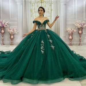 Smaragdgrünes, glänzendes, schulterfreies Quinceanera-Kleid mit Applikationen, Spitze und Perlen, langes Tüll-Schleppkleid für die 15. Geburtstagsfeier im Prinzessin-Stil