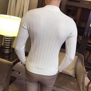 Herrtröjor Slim Fit tröja mångsidig stickad mjuk elastisk stilfull pullover för höstvinter med halvhög krage randig