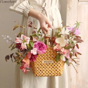 Cestini portaoggetti Cesto di fiori portatile intrecciato a mano Fiori in trucioli di legno Rattan intrecciato floreale