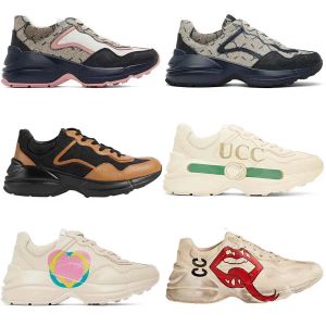 Designer-Schuhe, Rhython-Schuhe, Freizeitschuhe, Herren-Damen-GG-Rhyton-Sneaker, Lippensport, dicke Sohlen, Männer und Frauen, Cartoon-Buchstaben, dicke Sohlenschuhe, Beige, Kamel