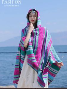 Scarves Poncho Woman Vintage Long Tassel Shawl Winter Stripe Split Thermal Cape Hooded Doublesided Pashimina 231007