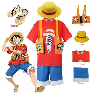 Anime film kırmızı cosplay kostüm çocuk erkekler maymun d luffy saman şapka üniforma tişört cadılar bayramı parti kıyafetleri set çocuk kidcosplay