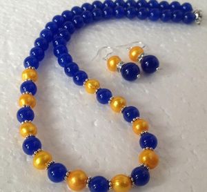 Necklace Earrings Set Genuine Golden Akoya Cultured Pearl/Blue Jade Beads 18"