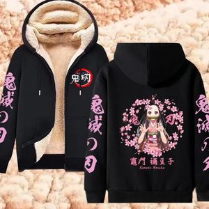 Moletons femininos Moletons Anime Demon Slayer Hoodies Kamado Nezuko Imprimir Zip Up Jaquetas Mulheres Inverno Engrossar Moletons Lambswool Casacos Quentes Y2K Tops 231007