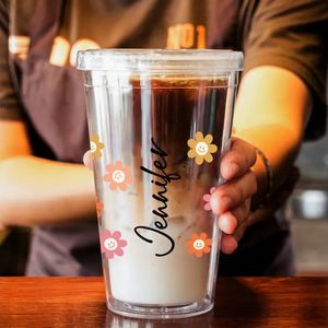 Water Bottles Personalized Tumbler with Name 16 oz 24 oz Acrylic Iced Coffee Cup with Straw Custom Tumbler With Flower Pattern Gift Name Cup 231007