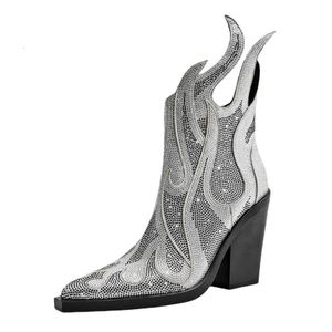 Stiefel Damen Strass Flamme Stiefeletten Elegante High Heels Western Cowboy Boote Party Kleid Designer Schuhe Große Größe 42 43 231007