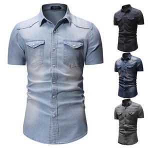 Heren Denim Shirts Top Korte Mouw Fashion Casual Wash Revers Shirt Mannelijke Business Tops233C