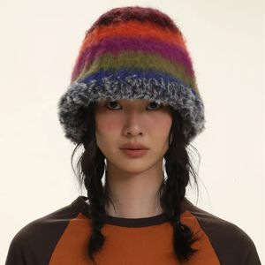 Beanieskull Caps Japanese Gradient Wool Vintage Color Stripe Beanies Women Handmade virkning Beanie tjock varm stickad hatt Vinterhink 231007