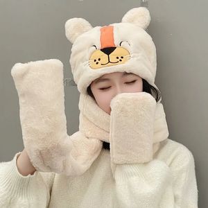 Scarves Hats Scarves Sets Sweet Cartoon Bear Ear Hat Cute Winter Gift Windproof Scarf and Gloves Set Thick Hoodies with Mitten 231007