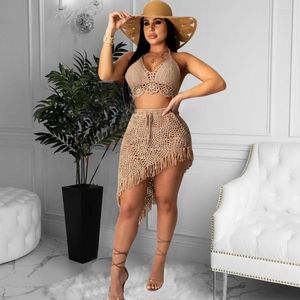 Arbetsklänningar 2023 Sommarkvinnor virkning Set kjol Två stycken kläder mode Tassel Bikinis Beach Swimsuit Sexig hand virkad casual badkläder