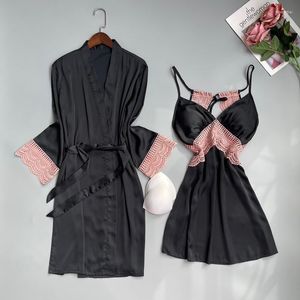 Women's Sleepwear Women Black Satin Pajama With Chest Pads Sexy Lace Backless Night Gown Suspender Dress