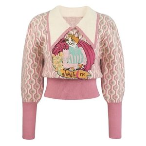 Różowy kreskówek haftowany sweter pullover kobiety vintage eleganckie stylowe damskie topy jesienne zimowe skoczki na mody z długim rękawem