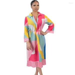 Ethnic Clothing African Dresses For Women Loose Casual Robe Maxi Dress Elegant Pleated Printed Side Slit Long Sleeve Button Cardigan 2023