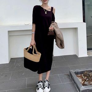 Party Dresses Oversized Summer Simplicity Irregular Black O-neck Short Sleeve Tshirt Dress Ladies Korean Fashion Patchwork Loose Off