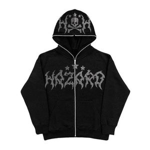 Erkek Hoodies Sweatshirts Holloween Hoodie Erkekler İçin Hoodies Unisex Zip Sweatshirt Rhinestone Baskı İskeleti Tam Fermuarı Hoodie Y2K Sweatshirt Siyah Ceket 231007