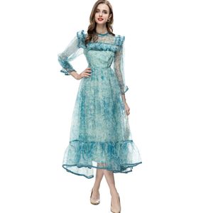 Women's Runway Dresses O Neck Wrist Sleeves Ruffles Embroidery Piping Printed Elegant Designer Party Vestidos