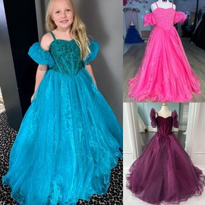 Blaugrünes Kinder-Festzugkleid für kleine Mädchen 2024, formelles Cocktailparty-Kleid für Kleinkinder, Kleinkinder, Teenager, Miss Grape Pink mit Puffärmeln zum Geburtstag von Kleinkindern