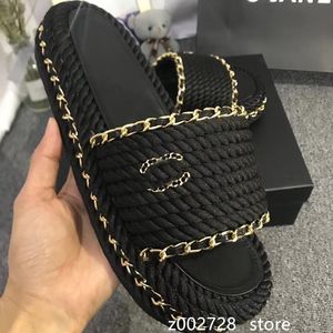 High quality Paris men's and women's summer sandals Luxury designer brand slippers Metal chain hemp rope beach shoes Middle heel flat shoes Channel designer shoes c