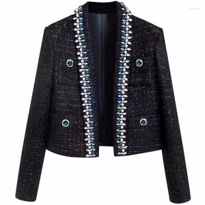 Women's Jackets High Quality Design Vintage Tweed V Neck Diamonds Double Breasted Wool Short Coat Autumn Fashion Luxury Jacket