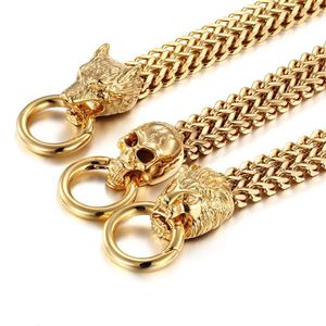Herr coola gåvor Biker Stainelss Steel Gold Double Figaro Chain Armband Wolf Lion Skull Heads Clasp Bangle Armband284w