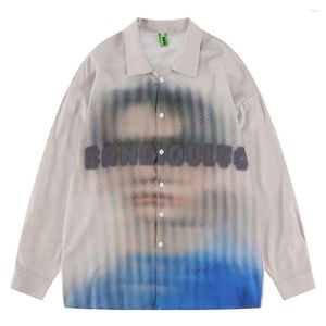 Men's Casual Shirts American Street Figures Head Printing Long-sleeved Shirt Male Ins Loose Big Pattern Portrait Shirt. XJ