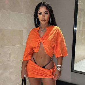 Work Dresses Two Piece Set Women Orange Tracksuits Sexy Knot Casual Crop Top Low Rise Drawstring Mini Skirt 2023 Summer Lolita Y2K Clothes