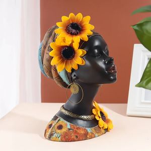 Dekorativa föremål Figurer Black Girl Head Harts Home Soft Decoration Craft Gift Style African Style Sunflower 231007