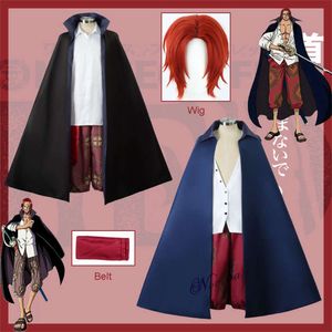 Filme vermelho anime cosplay cabelo vermelho shanks cosplay feminino homens manto capa shorts calças peruca terno completo halloween costumecosplay