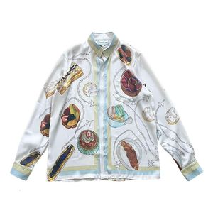 23SS Casablanca Casual Shirt Gourmet Cake Travel Pattern Hawaiian Shirt Men and Women's Blue Twill Silk Shirt Casablanc