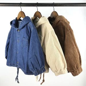 Jackets spring childrens jacket boy cardigan western fashion hooded denim girl baby pure color corduroy casual 231007