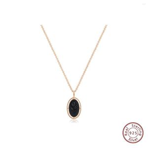 Pendants Fine Jewelry 925 Sterling Silver Rose Gold Plated Retro Simple Oval Black Dainty Gemstone Flower Turquoise Pendant Necklace