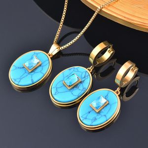 Pendant Necklaces SINLEERY Stainless Steel Oval Blue Stone Necklace For Women Gold Color Link Chain On Neck Fashion Jewelry DL053