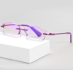 Óculos de sol luxo diamante corte óculos de leitura mulheres sem aro roxo / vermelho quadro delicado design moda anti-blu anti fadiga 1 1.5 2 a 4