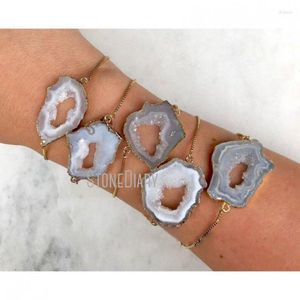 Link Pulseiras BM31403 Slice Pulseira Boho Chic Cinza Geode Laje Ajustável Banhado A Ouro Caixa Forma Livre Minimalista Bohemian Druzy