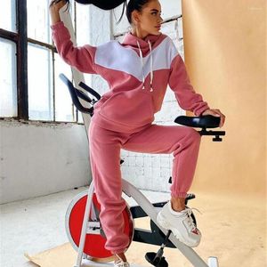 Damen Zweiteilige Hosen 2 Teile/satz Hoodie Jogginghose Set Kontrastfarbe Kordelzug Elastische Taille Frauen Trainingsanzug Große Tasche Kapuzensport