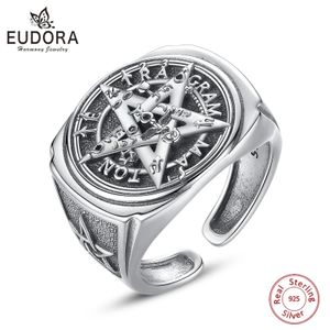 Pierścień Solitaire Eudora 925 srebrny pentagram regulga dla mężczyzn Kobiety Amulet Guardian Star Tetragrammaton Hip Hop Biżuter Prezent 231007