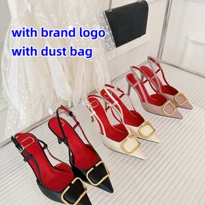 S Sandals مصممة عالية الكعب العلامة التجارية Metal Buckle 4cm 6cm 8cm 10cm الكعب الرقيق المدببة إصبع القدم الأسود عارية حذاء الأحمر الحجم 35-44