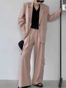 Kvinnors tvåbitar byxor Solid Blazer Pantsuits For Women Fashion Office Ladies Button Långärmlig chic kostymer Jackor Raka 2 stycken Set