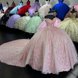 멕시코 핑크 반짝이는 아플리케 레이스 어깨에서 15 살짜리 퀸 네라 드레스 달콤한 16 드레스 파티 가운 레이스 업 vstidos de gala