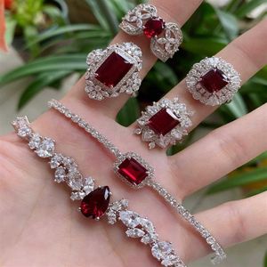 Pure 925 Sterling Silver Jewelry Set för kvinnor Röd Ruby Gemstone Natural Jewelry Set Armband Ringörhängen Party Smycken Set282e