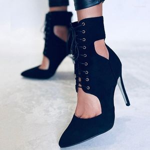 Sandálias preto stiletto oco para fora botas apontou toe rendas até salto alto gladiador sexy mulheres outono legal vestido de festa sapatos casuais