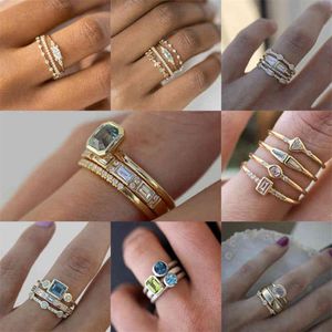 Boho 4pcs Set Lüks Mavi Kristal Yüzükler Kadınlar Moda Sarı Altın Renk Düğün Mücevher Aksesuarları Hediyeler Söz Ring241r