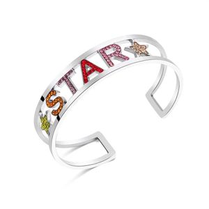 Moda feminina pulseiras largas coloridas e brancas strass letras estrela aço inoxidável aberto punho pulseiras bangle277e