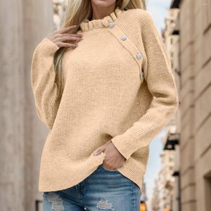 Women's Sweaters Fall Winter 2023 Casual Long Sleeve Button Crew Neck Ruffle Knit Pullovers Solid Color Pleated Sweater Tops