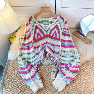 Kadın Sweaters Chic Stripe Vintage Hollow Tığ pelerinler bluz Uzun kollu Kore moda üstleri seksi zarif sonbahar kadın kazak