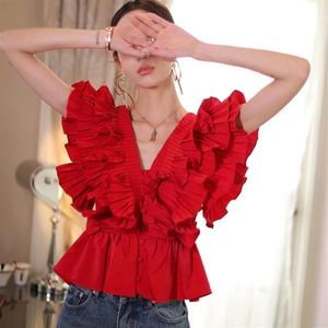 Summer Design women's v-neck ruffles patchwork slim waist sleeveless blouse shirt tops plus size SML277S