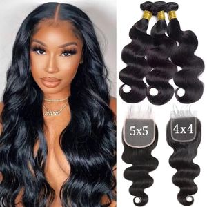 Synthetic s Body Wave Bundles With Clre Brazilian Hair Weave Frontal Human 4X4 5x5 Lace 231007