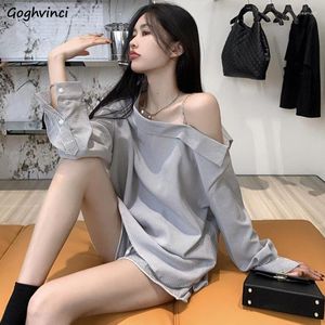 여자 T 셔츠 꼬치 칼라 티셔츠 여성 헐렁한 레저 올 차세 체인 디자인 한국 스타일 패션 스프링 섹시 빈티지 줄무늬 긴 슬리브