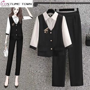 Women's Two Piece Pants Spliced Short Sleeved Chiffon Shirt Casual Wide Leg Twopiece Elegant Set Summer Office Outfits Clothing