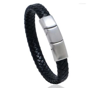 Bangle Moda Casual Homem Pulseira de Aço Inoxidável Cuff Trançado Couro Ajustável Fecho Magnético Pulseiras Punk Mulheres Jóias